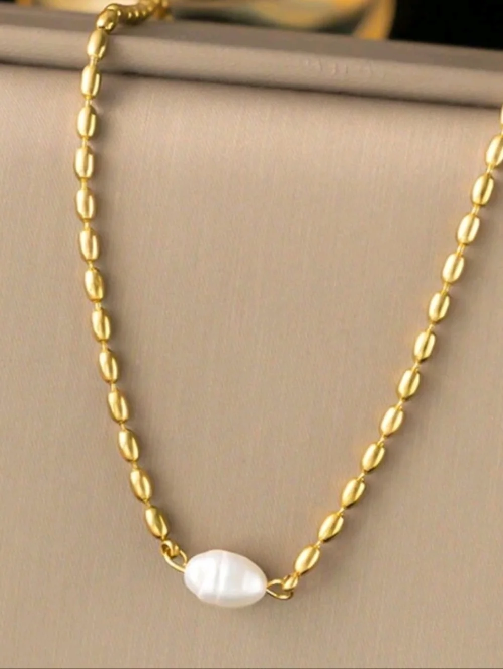 18k gp bean necklace with real freshwater pearl; 15.75" w/a 1.97" extender; nwot - Picture 3 of 10